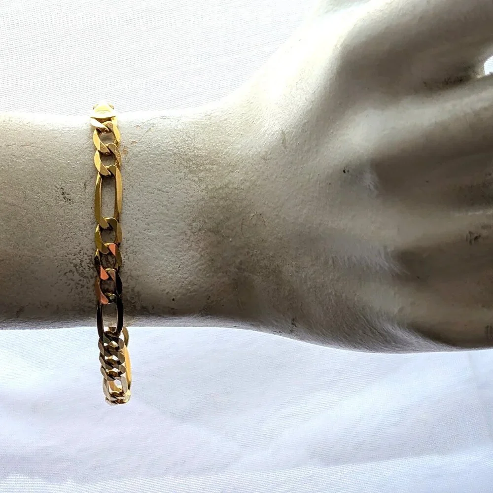 Vintage Italy Designer Unisex Solid 14K Yellow Gold Figaro Link Chain Bracelet